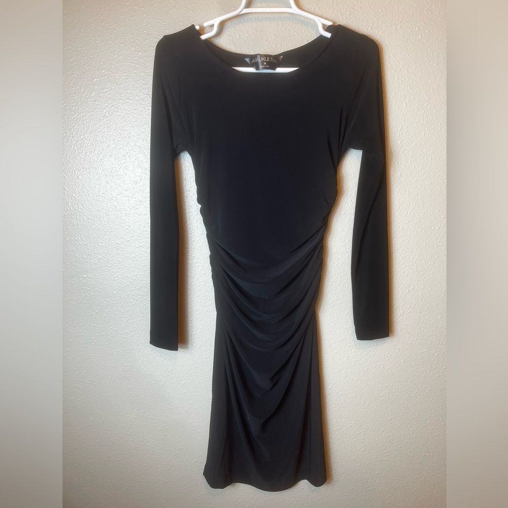 NORMA KAMALI KULTURE Black Long Sleeve Sheath Dress Side Ruched Size S